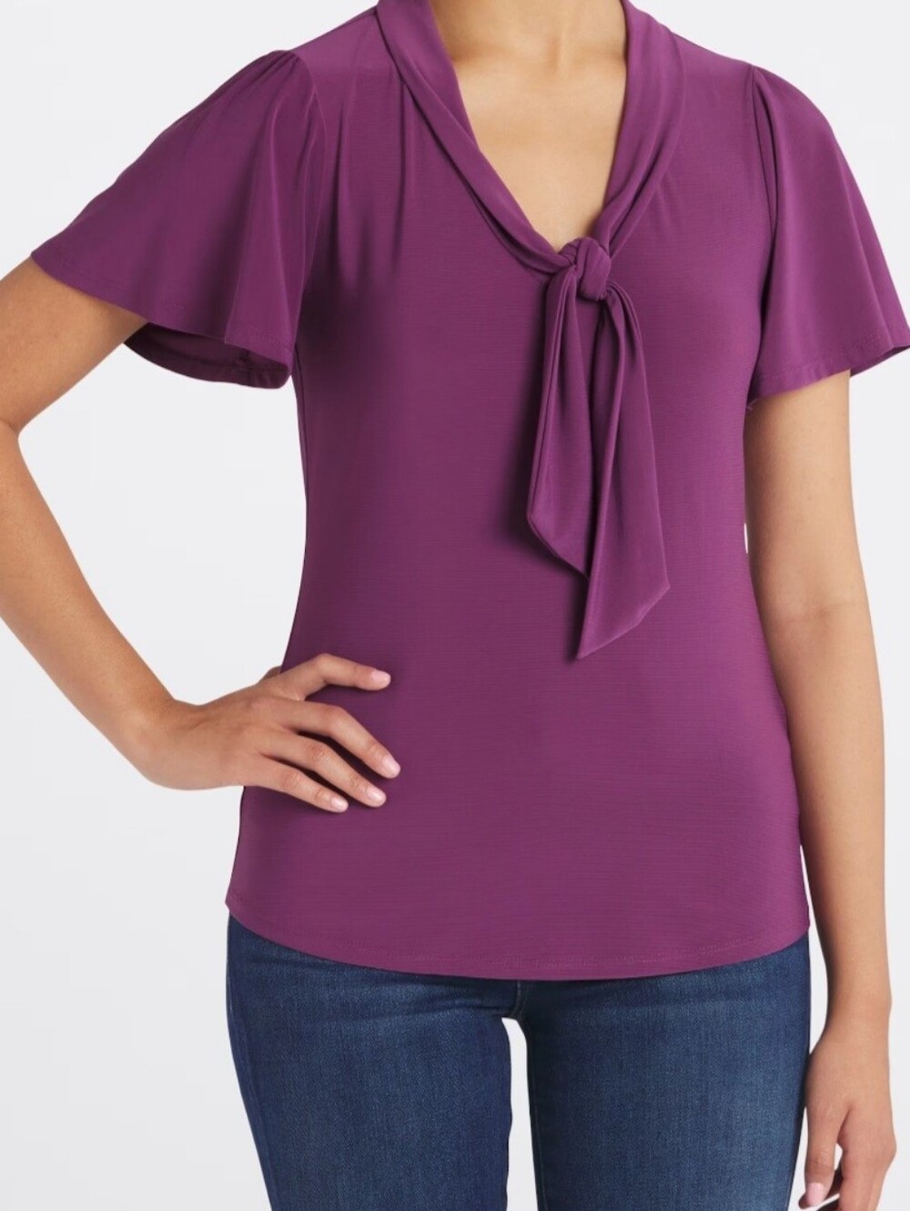 Tie-Neck Short Sleeve Blouse in Plum